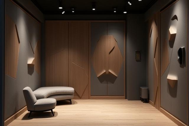 Interior de un estudio de grabación moderno con silla y paneles acústicos.