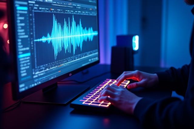 Una interfaz de software de diseño de sonido con ondas de audio complejas y herramientas creativas.