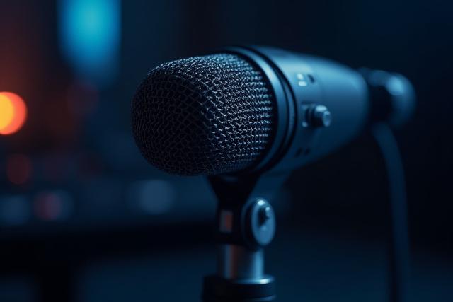 Imagen de un micrófono de estudio de alta gama y auriculares, simbolizando la grabación de podcasts.